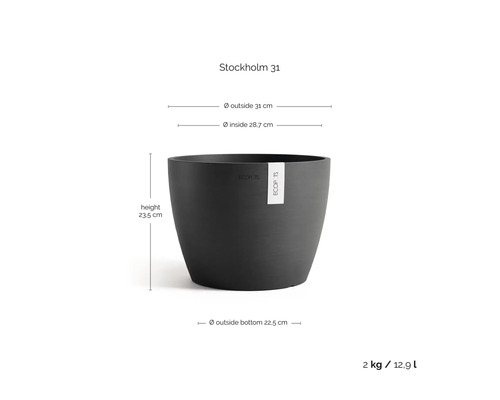 Ecopots Stockholm 31 Pflanzgefäß: Höhe 23,5 Zentimeter, Außendurchmesser 31 Zentimeter, Volumen 12,9 Liter, Gewicht 2 Kilogramm.