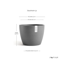 Pot de fleurs Ecopots Stockholm 31, rond, gris, diamètre 31 centimètres, hauteur 23,5 centimètres, poids 2 kilogrammes, volume 12,9 litres.