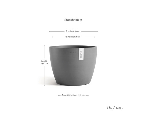 Pot de fleurs Ecopots Stockholm 31, rond, gris, diamètre 31 centimètres, hauteur 23,5 centimètres, poids 2 kilogrammes, volume 12,9 litres.