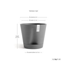 Ecopots Venice 2 30 Pflanztopf: Außendurchmesser 30 Zentimeter, Innendurchmesser 27,7 Zentimeter, Höhe 27,5 Zentimeter, Volumen 4 Liter.