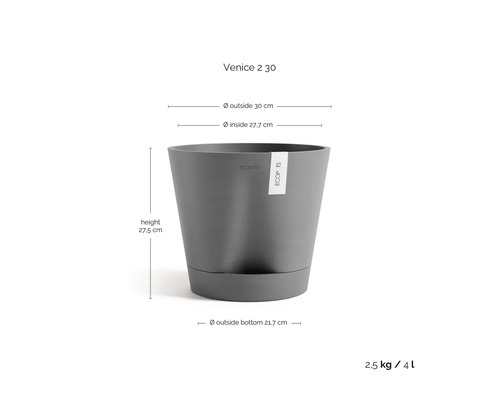 Ecopots Venice 2 30 Pflanztopf: Außendurchmesser 30 Zentimeter, Innendurchmesser 27,7 Zentimeter, Höhe 27,5 Zentimeter, Volumen 4 Liter.
