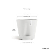 Pot de fleurs Ecopots Venice 2 30: hauteur 27,5, diamètre haut 30, intérieur 27,7, bas 21,7 centimètres, poids 2,5 kilogrammes, volume 4 litres.