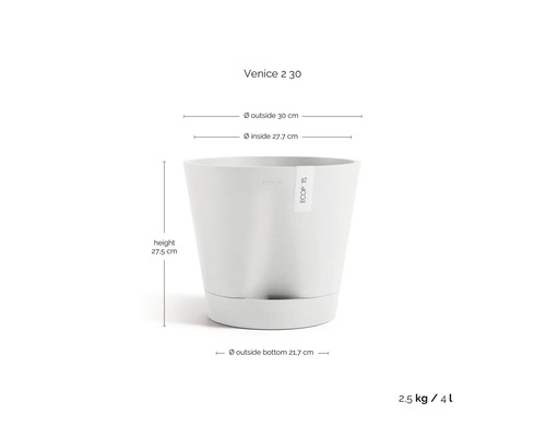Pot de fleurs Ecopots Venice 2 30: hauteur 27,5, diamètre haut 30, intérieur 27,7, bas 21,7 centimètres, poids 2,5 kilogrammes, volume 4 litres.