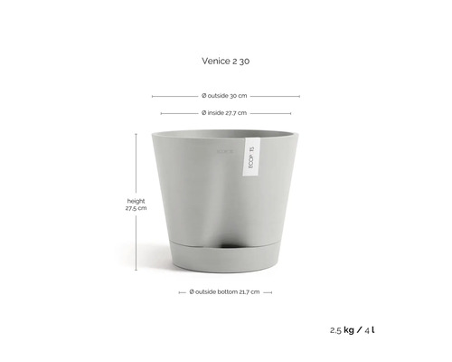 Ecopots Venice 2 30 Blumentopf mit Untersetzer, Höhe 27,5 Zentimeter, Außendurchmesser 30 Zentimeter, Volumen 4 Liter.