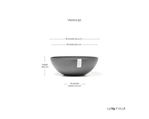 Ecopots Pflanzschale Vienna 50 in Grau: Durchmesser 50,4 Zentimeter, Höhe 18,5 Zentimeter, Volumen 22,3 Liter, Gewicht 1,9 Kilogramm.
