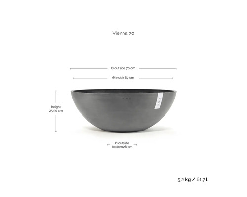 Coupe à plantes Ecopots Vienna 70 avec dimensions : hauteur 25,50 centimètres, diamètre extérieur 70 centimètres et volume 61,7 litres.