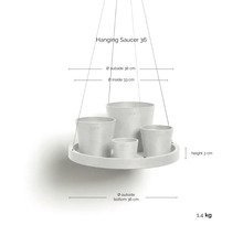 Soucoupe suspendue pour pots de fleurs, diamètre extérieur 36 centimètres, diamètre intérieur 33 centimètres, hauteur 3 centimètres.