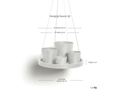Soucoupe suspendue pour pots de fleurs, diamètre extérieur 36 centimètres, diamètre intérieur 33 centimètres, hauteur 3 centimètres.