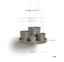 Soucoupe suspendue avec quatre pots de fleurs aspect pierre, diamètre extérieur 36 centimètres, hauteur 3 centimètres, poids 1,4 kilogramme.