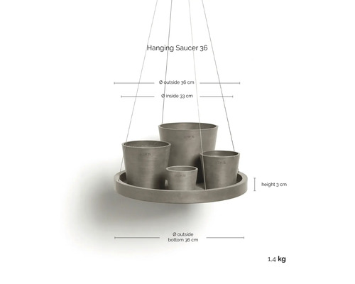 Soucoupe suspendue avec quatre pots de fleurs aspect pierre, diamètre extérieur 36 centimètres, hauteur 3 centimètres, poids 1,4 kilogramme.