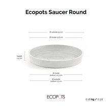 Soucoupe ronde Ecopots Saucer Round avec dimensions : hauteur 2,5 centimètres, diamètre extérieur 15 centimètres, poids 0,18 kilogramme, Ecopots Logo.