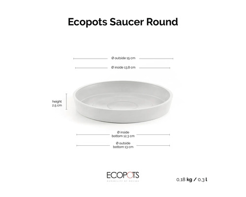 Soucoupe ronde Ecopots Saucer Round avec dimensions : hauteur 2,5 centimètres, diamètre extérieur 15 centimètres, poids 0,18 kilogramme, Ecopots Logo.