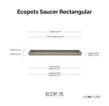 Soucoupe rectangulaire Ecopots avec dimensions : longueur 43,5 centimètres, largeur 15,5 centimètres, hauteur 3,3 centimètres.
