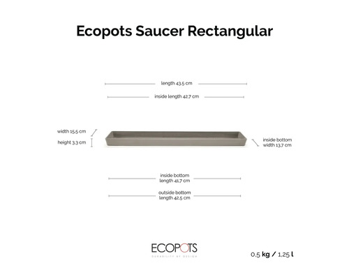 Soucoupe rectangulaire Ecopots avec dimensions : longueur 43,5 centimètres, largeur 15,5 centimètres, hauteur 3,3 centimètres.