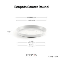 Ecopots Untersetzer rund Maße: Höhe 3 Zentimeter, Durchmesser oben außen 28,7 Zentimeter und innen 27,8 Zentimeter, Volumen 1,6 Liter.