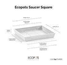 Soucoupe carrée Ecopots pour pots de fleurs avec dimensions 18 par 18 par 2,5 centimètres.