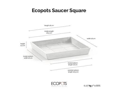 Soucoupe carrée Ecopots pour pots de fleurs avec dimensions 18 par 18 par 2,5 centimètres.
