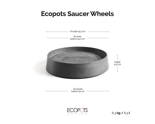 Ecopots Saucer Wheels Untersetzer mit Rollen, Innendurchmesser 45,4 Zentimeter, Höhe 10,5 Zentimeter, Aussendurchmesser unten 50 Zentimeter.