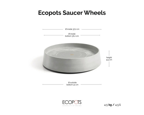 Soucoupe Ecopots Saucer Wheels: diamètre intérieur 37,2 centimètres, hauteur 9,5 centimètres, diamètre extérieur 41 centimètres. Ecopots Logo.