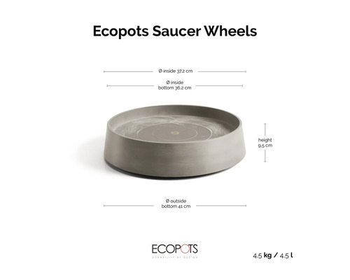 Soucoupe Ecopots Saucer Wheels : haut 37,2 centimètres, bas 36,2 centimètres, extérieur 41 centimètres, hauteur 9,5 centimètres. Ecopots Logo.