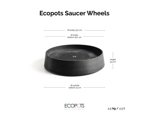 Soucoupe sur roulettes Ecopots pour pots de fleurs avec dimensions: diamètre intérieur 37,2 centimètres, hauteur 9,5 centimètres.