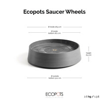 Ecopots Pflanzenuntersetzer mit Rollen, Höhe 8,5 Zentimeter, Innendurchmesser 28,9 Zentimeter, Bodenaußendurchmesser 32,2 Zentimeter. Ecopots Logo.