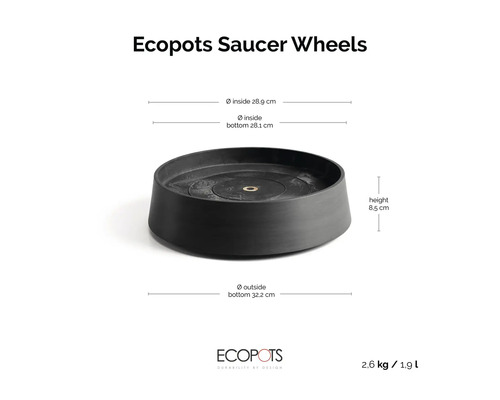 Soucoupe Ecopots Saucer Wheels noire: intérieur 28,9 centimètres, extérieur bas 32,2 centimètres, hauteur 8,5 centimètres, 2,6 kilogrammes, 1,9 litre.
