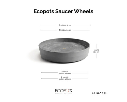 Soucoupe Ecopots Saucer Wheels avec dimensions: diamètre extérieur 51 centimètres, diamètre intérieur 49,3 centimètres, hauteur 10,1 centimètres.