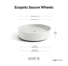 Ecopots Untersetzer Saucer Wheels: Außendurchmesser 34,1 Zentimeter, Höhe 9 Zentimeter, Volumen 2,05 Liter, Gewicht 2,5 Kilogramm.