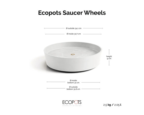 Ecopots Untersetzer Saucer Wheels: Außendurchmesser 34,1 Zentimeter, Höhe 9 Zentimeter, Volumen 2,05 Liter, Gewicht 2,5 Kilogramm.