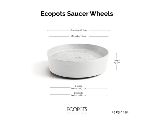 Soucoupe Ecopots sur roulettes : diamètre extérieur 28,7 centimètres, diamètre intérieur 27,7 centimètres, hauteur 8,3 centimètres.