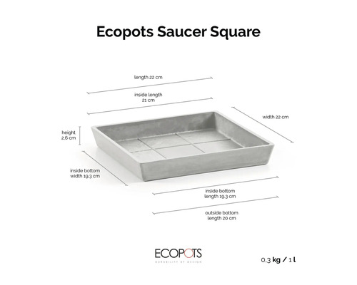 Quadratischer Untersetzer für Pflanztöpfe mit Maßangaben: Länge 22 cm, Breite 22 cm, Höhe 2,6 cm und Innenboden 19,3 cm. Ecopots Logo.