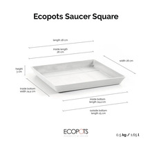 Soucoupe carrée Ecopots Saucer Square avec dimensions: longueur et largeur 28 centimètres, hauteur 3 centimètres, longueur intérieure 26 centimètres.