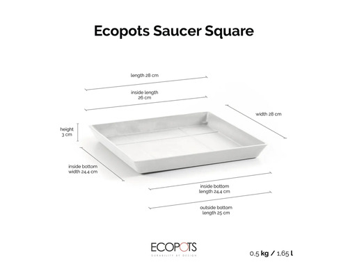 Soucoupe carrée Ecopots Saucer Square avec dimensions: longueur et largeur 28 centimètres, hauteur 3 centimètres, longueur intérieure 26 centimètres.