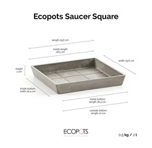 Quadratischer Untersetzer Ecopots Saucer Square: Länge 29,6 Zentimeter, Breite 29,6 Zentimeter, Höhe 3 Zentimeter. Ecopots Logo.