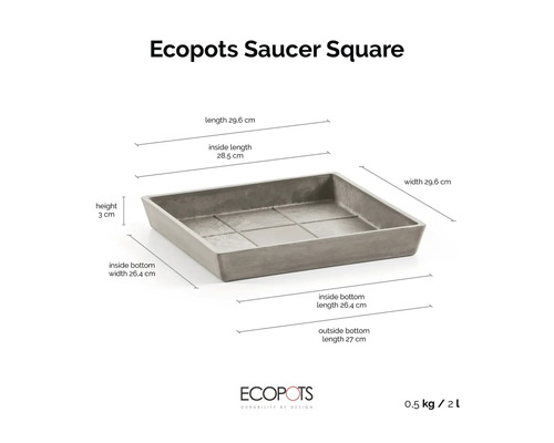 Quadratischer Untersetzer Ecopots Saucer Square: Länge 29,6 Zentimeter, Breite 29,6 Zentimeter, Höhe 3 Zentimeter. Ecopots Logo.