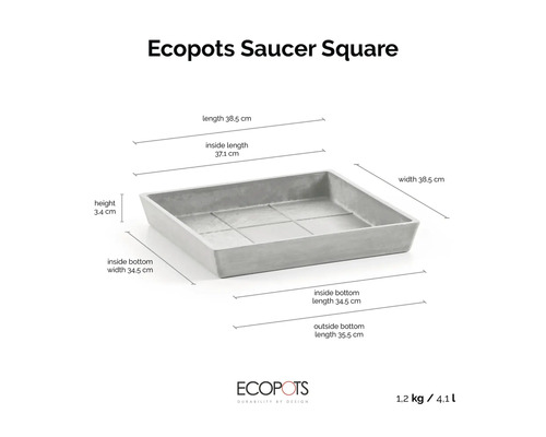 Quadratischer Untersetzer Ecopots Saucer Square mit Maßangaben: Länge 38,5 Zentimeter, Breite 38,5 Zentimeter, Höhe 3,4 Zentimeter. Ecopots Logo.