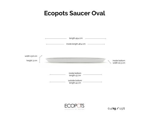 Soucoupe ovale Ecopots avec dimensions : longueur 49,4 centimètres, largeur 13,6 centimètres, hauteur 3 centimètres, volume 1,5 litre. Ecopots Logo.