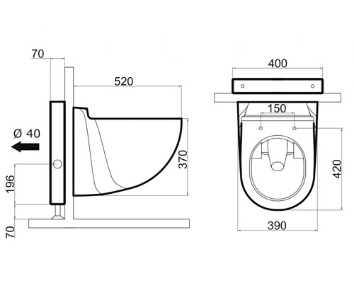 Dessin technique de toilettes avec dimensions.