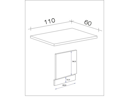 Technische Zeichnung eines Möbelelements mit Maßangaben