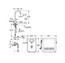 Plan coté d'un système de robinet et de chauffe-eau instantané avec toutes les dimensions