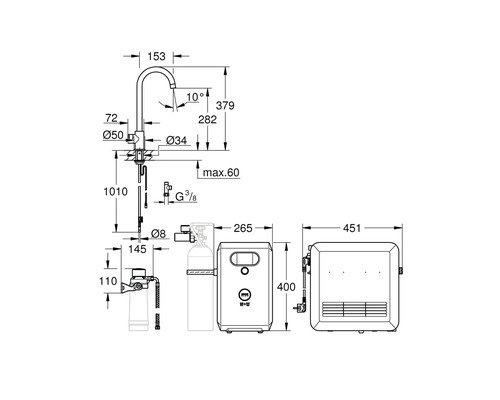 Plan coté d'un système de robinet et de chauffe-eau instantané avec toutes les dimensions