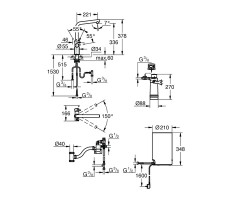 Technische Zeichnung mit Maßangaben für ein Sanitärprodukt