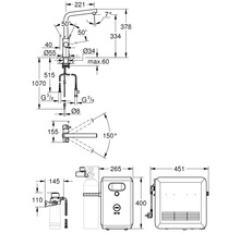 Technische Zeichnung einer Armatur mit Maßen