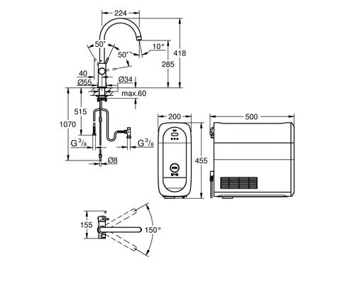 Masszeichnung einer Küchenarmatur mit Boiler