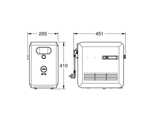 Schéma technique d'un chauffe-eau à gaz avec dimensions