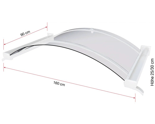 Auvent avec des dimensions de 160 x 90 centimètres et une hauteur de 25 à 30 centimètres.