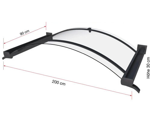 Vordach mit einer Breite von 200 cm, einer Tiefe von 90 cm und einer Höhe von 30 cm