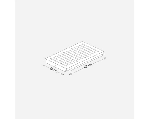 Technische Zeichnung eines Rostes mit den Maßen 40 mal 69 Zentimeter.