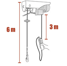 Schéma technique d'un treuil électrique d'une hauteur de levage de six mètres et d'une longueur de câble de trois mètres.